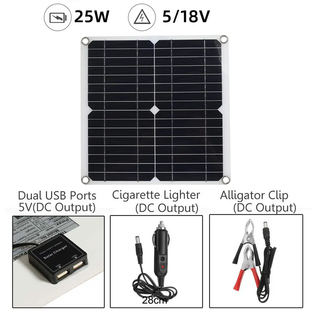 

Flexible solar panel high efficiency single crystal 25W solar cell module DC car yacht lamp dual USB 5V/18V outdoor charger