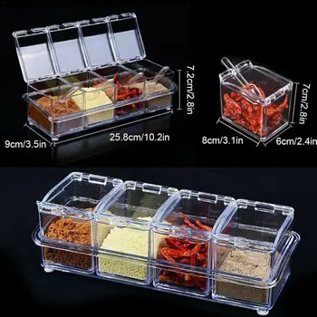 

Four Grid Kitchen Seasoning Box Set Crystal Transparent Box Sugar Kitchen Gadget Salt Seasoning Creative Jar Spoon Seasonin V7R5