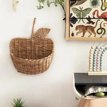 

2020 Household Rattan Apple Shaped Basket Handmade Woven Storage Basket Rack Organizer Room Wall Decoration