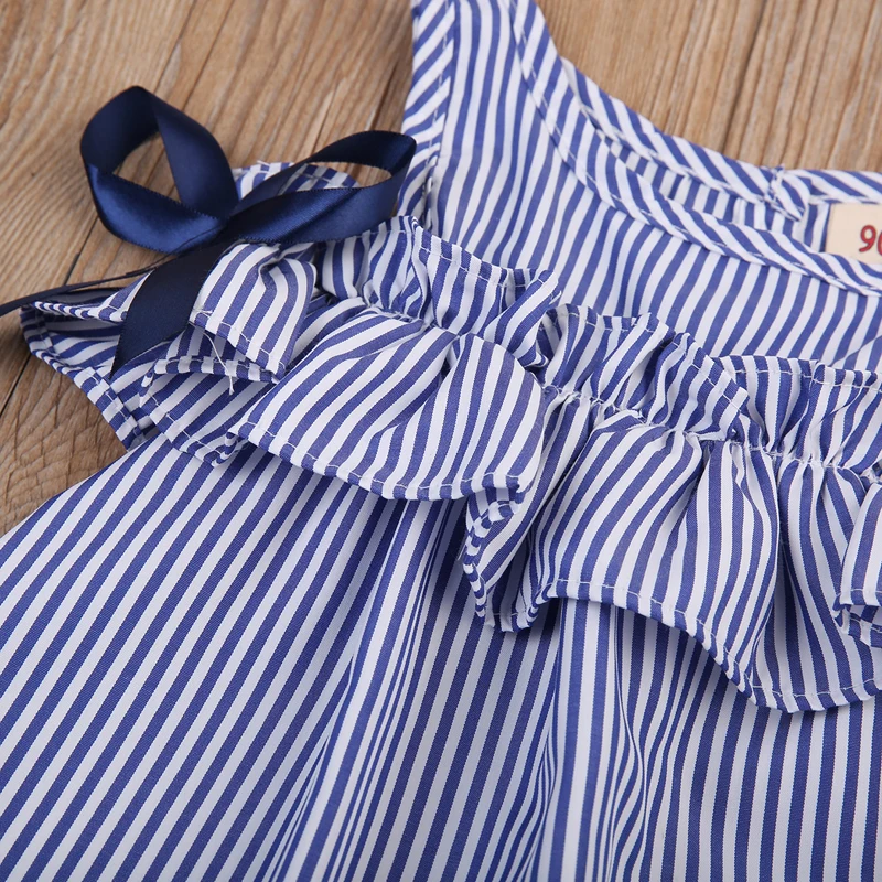 2020 Fashion Sweet Lovely Summer Dress Toddler Baby Girls Off Shoulder O-Neck Bow Blue Striped Straight Mini Dress Outfit Party