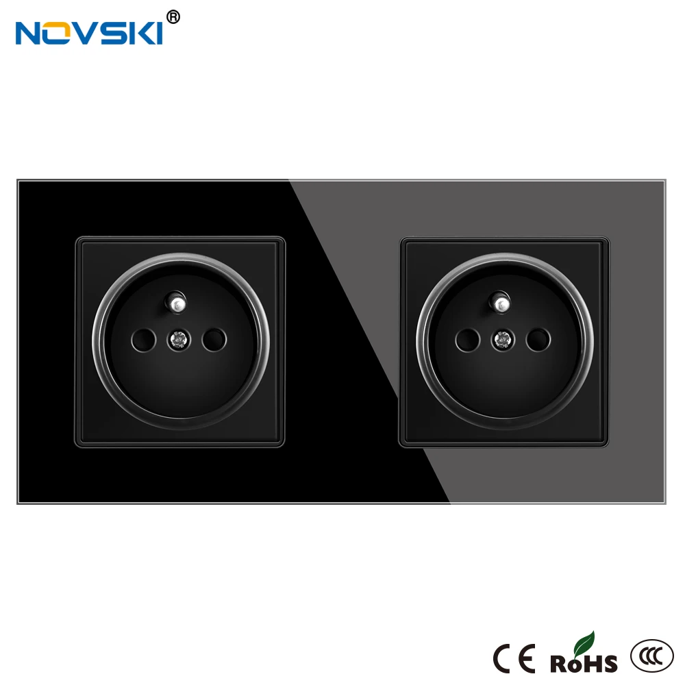 EU French Wall Crystal Glass Black Panel Power Socket Triple Plug Grounded, 16A Quintuple Electrical Socket, 15 Years Warranty