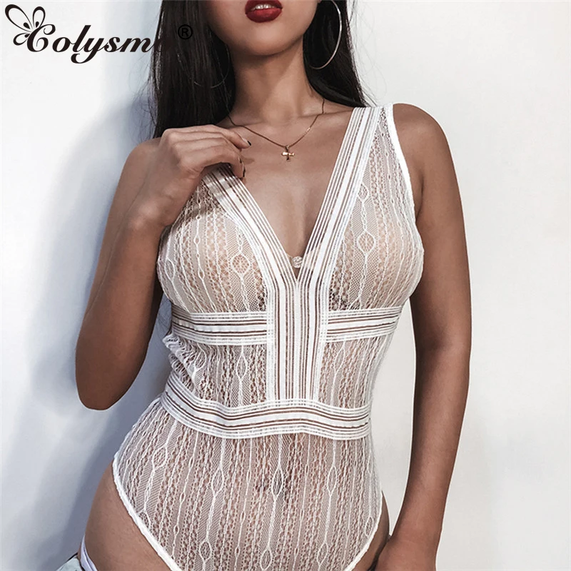 Colysmo Белое Кружевное боди Для женщин v-образным вырезом See Through сексуальное боди Черный Комбинезон тела Mujer Combinaison Femme 2018