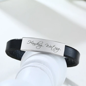 

Custom Cuff Bangle Genuine Leather Bracelet Engraved Wristbands Handwriting Name Date Coordinate Jewelry