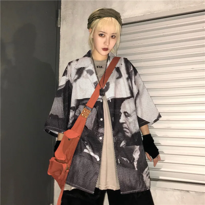 

Summer Korea Ins Harajuku High Street Shirt Hip Hop Mafia Print Short Sleeve Female Couple Online Chinese Store Fashion 50cs