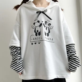 

Women Angel Panda Print Splice Striped Loose Hoodie Sweatshirt Girls Spring New Soft Sister Hooded Pullover Tops College style