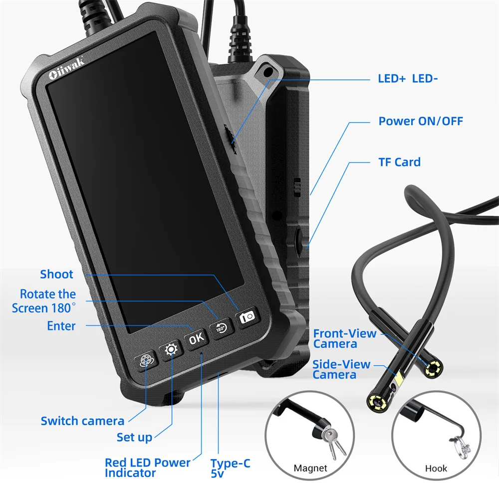 Oiiwak 1080P Endoscope Camera 5mm/8mm Dual lens Borescope Pipe Inspection Camera 5.18in Screen IP67 Surveillance Video Camera
