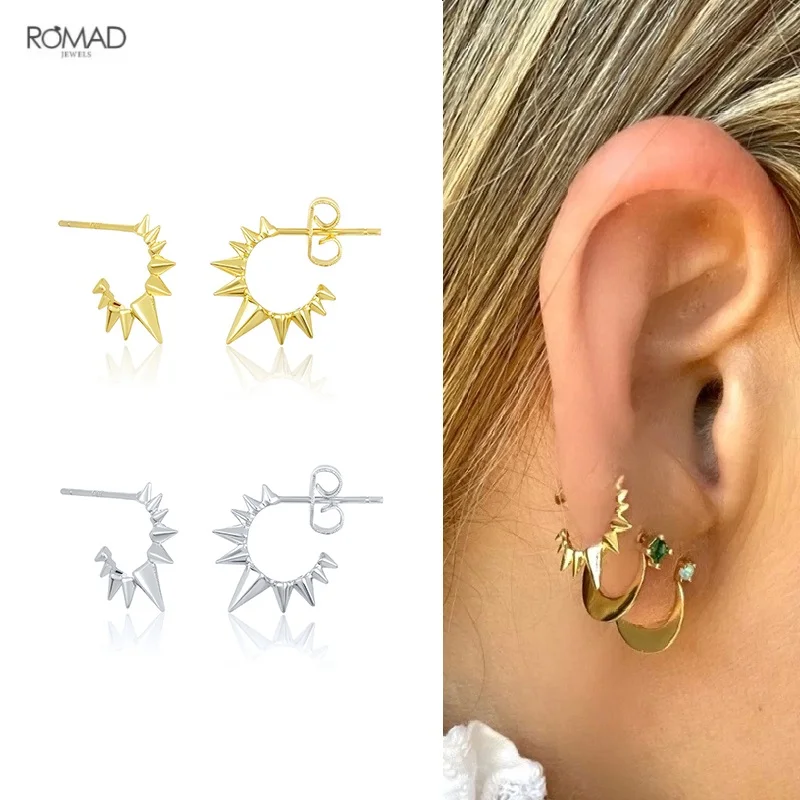 

ROMAD Punk C Shape Rivet Studs Earrings for Women Men Girl Gothic Sun 925 Sterling Silver Earrings Fine Jewelry Gifts kolczyki