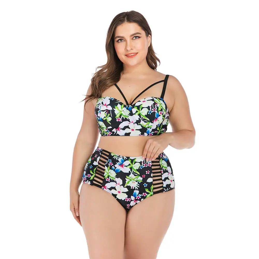 

2019 Women Tankini Floral Strappy High Waist Hollow-out Swimwear Bikini Top Bottom Lady Plus Size Swimsuit Beach Swimming Suit