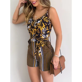 

Summer Casual Striped Printed Leaf Women Sexy V Neck Spaghetti Strap Playsuits Ladies Slim Bandage Boho Rompers SJ5920U