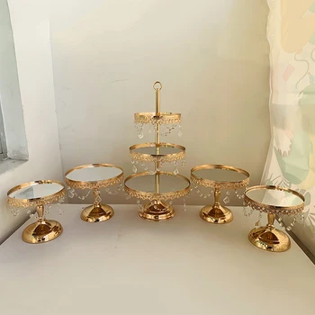 

new style gold Crystals Cake Stand Cupcake Tower Stand Wedding Plates Set Metal Round Party Dessert Display Decor Tray