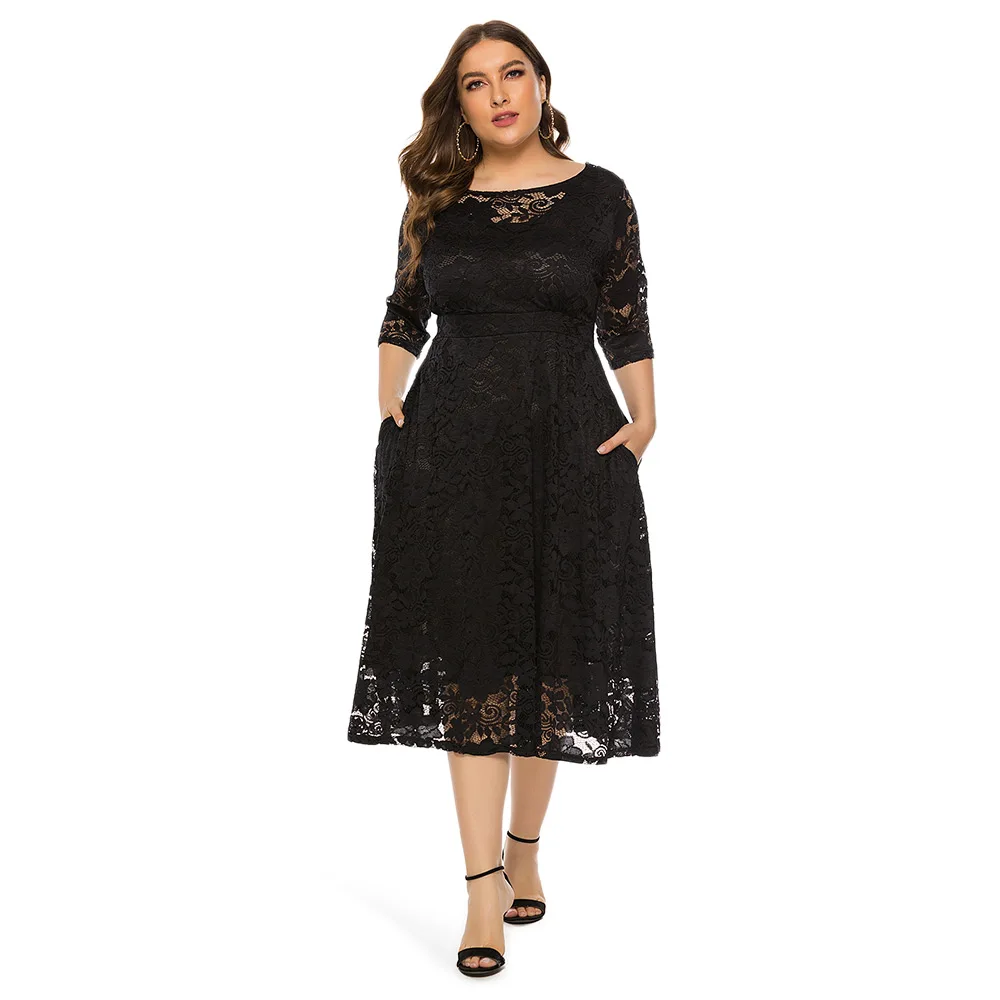 

Women Plus Size Women Dress Lace Round Neck 3/4 Sleeves Mid-Calf Big Hem A-Line Round Collar Dress Metal Zipper Daily