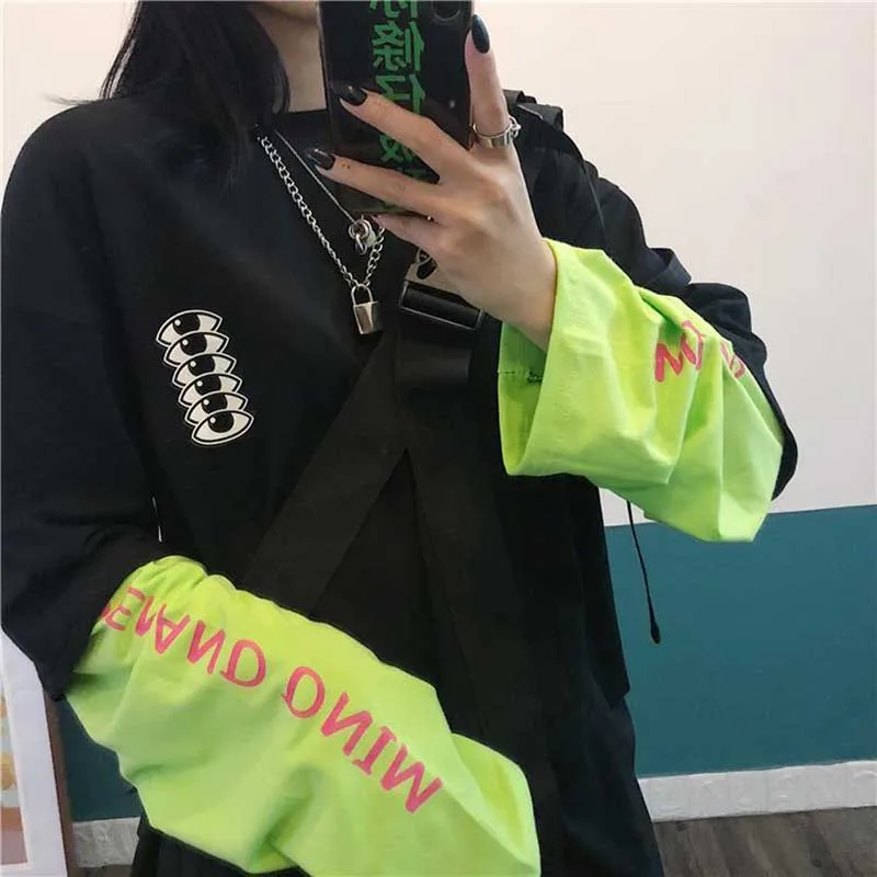 NiceMix Harajuku футболка поддельные две части рубашка Wome сшивание топы с длинными рукавами Эстетическая гранж High Street Graphic футболки Str