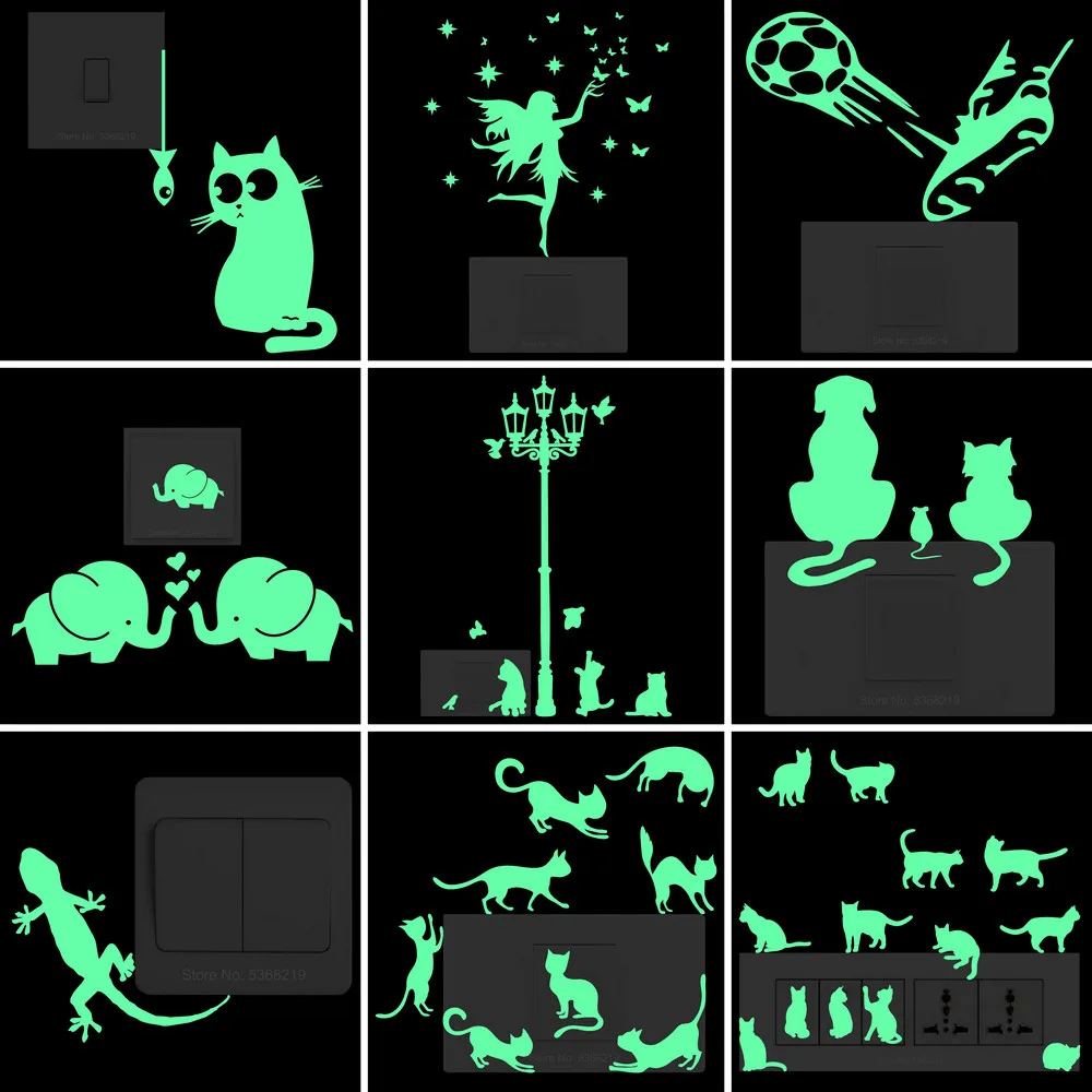Switch Decoration Luminous Sticker Glow in the Dark Wall Stickers Kids Room Home Decor Cartoon Sticker Decal Cat Fairy Moon Star