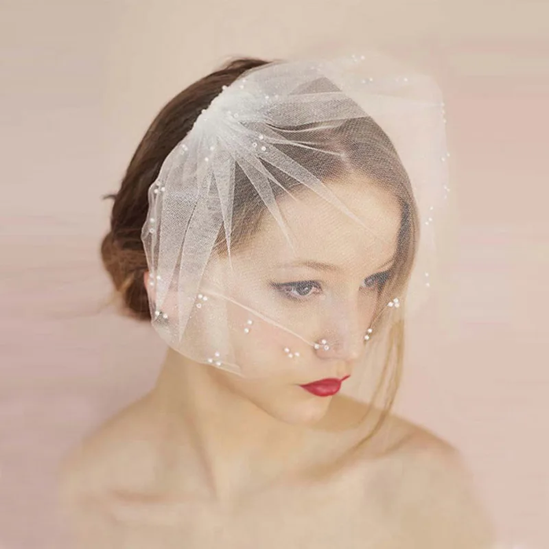 Elegant Pearls Beaded Bridal Hat Net White Ivory Fascinator Women Wedding Face Veils Birdcage