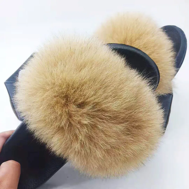 

Real Fox Fur Slides Ladies Fluffy Slippers Women Indoor Flip Flops Casual Shoes Woman Raccoon Fur Sandals Female Plush Shoes Hot