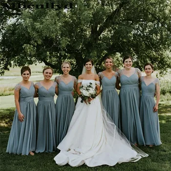 

Mbcullyd V-neck Chiffon Bridesmaid Dresses Long 2020 Wholesale A Line Formal Dress For Wedding Party Beaded vestido madrinha