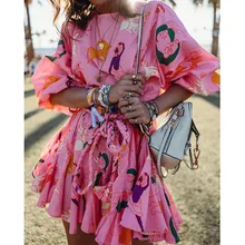 Плиссированное дизайнерское розовое платье трапециевидной формы, женское повседневное свободное платье с длинными рукавами, осень, милые пляжные платья с принтом, vestidos mujer