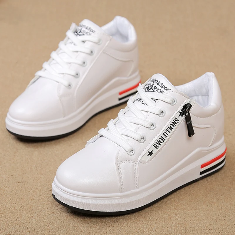 

Spring Zipper Increase Height Wedge Sneakers Comfort Lace Up Breath Platform Shoes Woman Fashion Casual Black White Sneakers