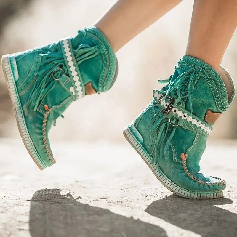 Ботинки средней высоты с бахромой; женские пикантные ботинки с бахромой; модные ботинки в байкерском стиле с пряжкой; ботинки на плоской подошве; Женские ботинки в ковбойском стиле; Bota Feminina - Цвет: Blue