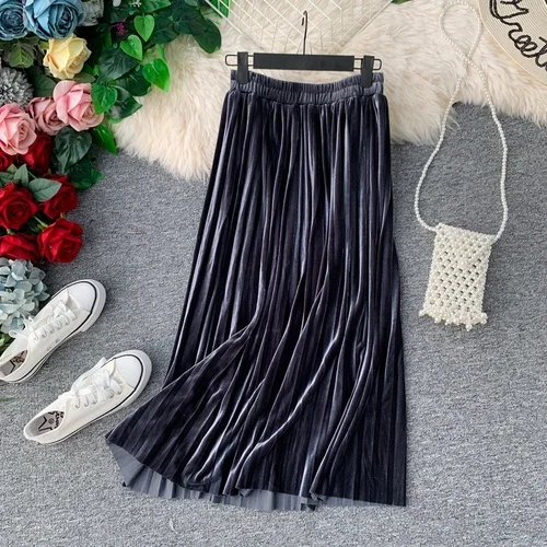 dark blue skirt Woherb/осенне-зимние стильные плиссированные юбки женские с высокой талией однотонные миди юбки винтажные повседневные свободные женские Falda 90617 - Цвет: dark blue skirt