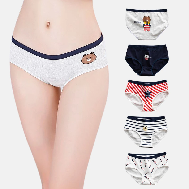 

Women Cotton Mid-rise Panties Girl Cotton Triangle Bottom Pants Girls Brief Print Bear Stripe Soft Breathable Underwear
