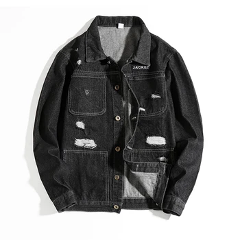 

New denim clothing men spring and autumn black tide brand denim jacket male youth solid color large size hole denim jacket male