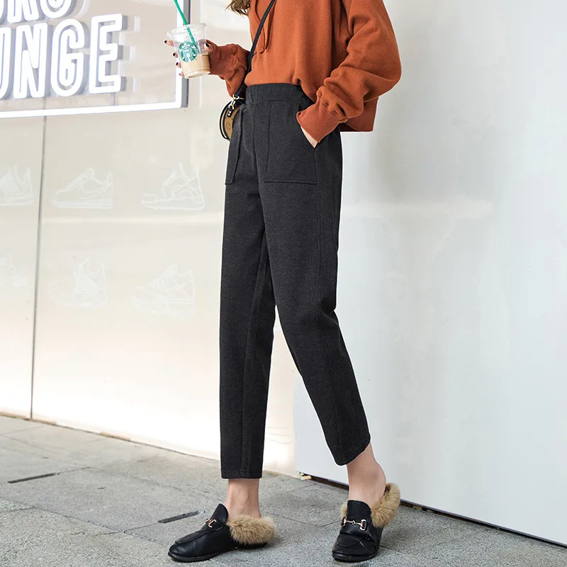 Autumn Winter Casual Straight pants female loose high Waist knitted wide leg pants Trousers Womens Harem Pants woolen solid - Цвет: 5