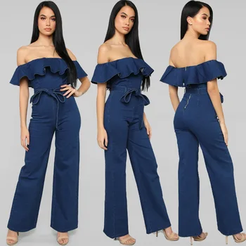 

Women Off The Shoulder Denim Jumpsuits And Rompers Sexy Ruffles Sleeveless Bodycon Zipper Jeans Romper Overalls Jumpsuit Woman