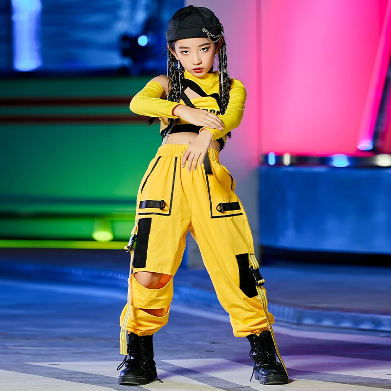 Girls Hip Hop Dance Costumes Children Yellow Outfits Jazz Street Dance Wear Ballroom Hiphop Rave Clothes Stage dance Costumes