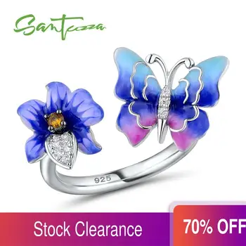 

SANTUZZA Silver Ring For Women 925 Sterling Silver Colorful Butterfly Flower Adjustable Ring Fashion Jewelry Handmade Enamel