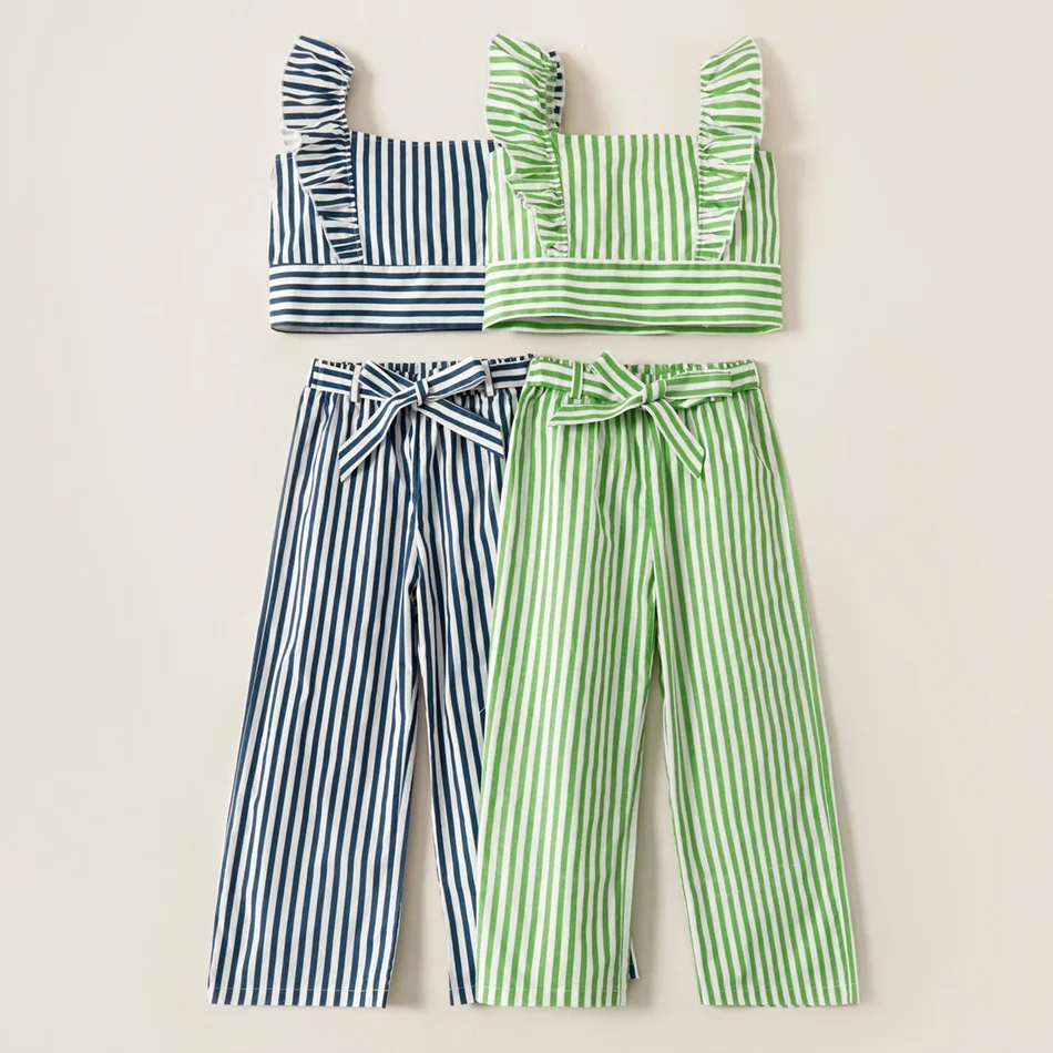 PatPat 2021 New Arrival Kids Girl Striped Ruffled Top and Strappy Pants Set