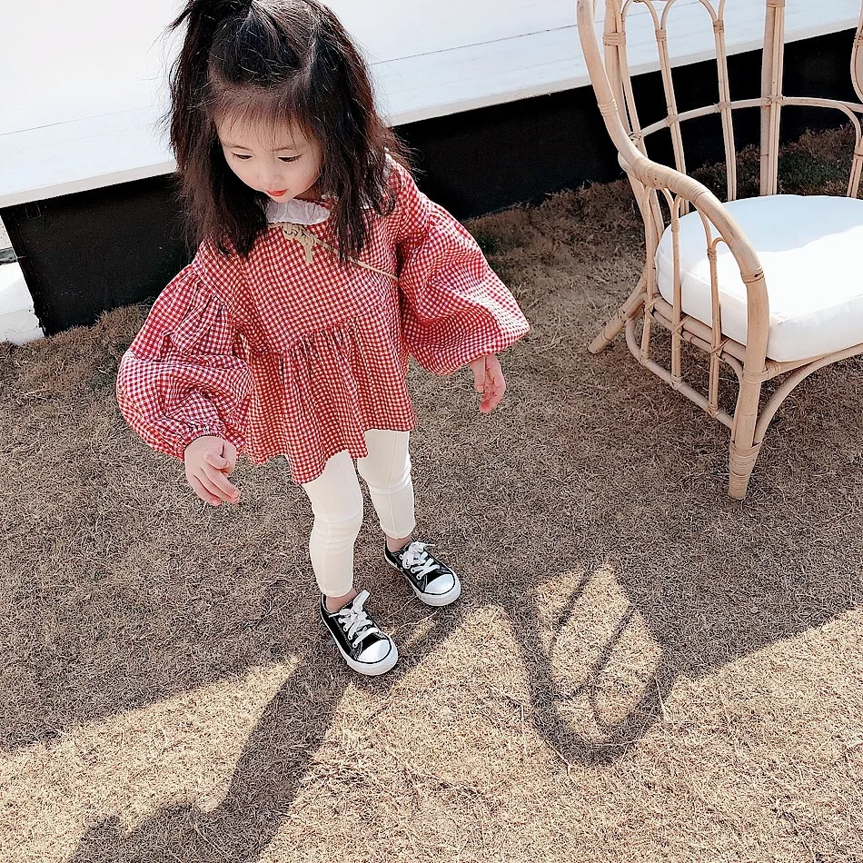 Yu. Kids Girls Autumn Korean-style Peter Pan Collar Plaid Shirt Baby Lantern Sleeve Western Style GIRL'S Shirt