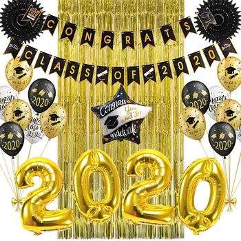 

11pcs Graduation 2020 Gold Graduation Party Decorations Backdrop Latex Balloons Fringe Tinsel Curtain Class of 2020 Banner