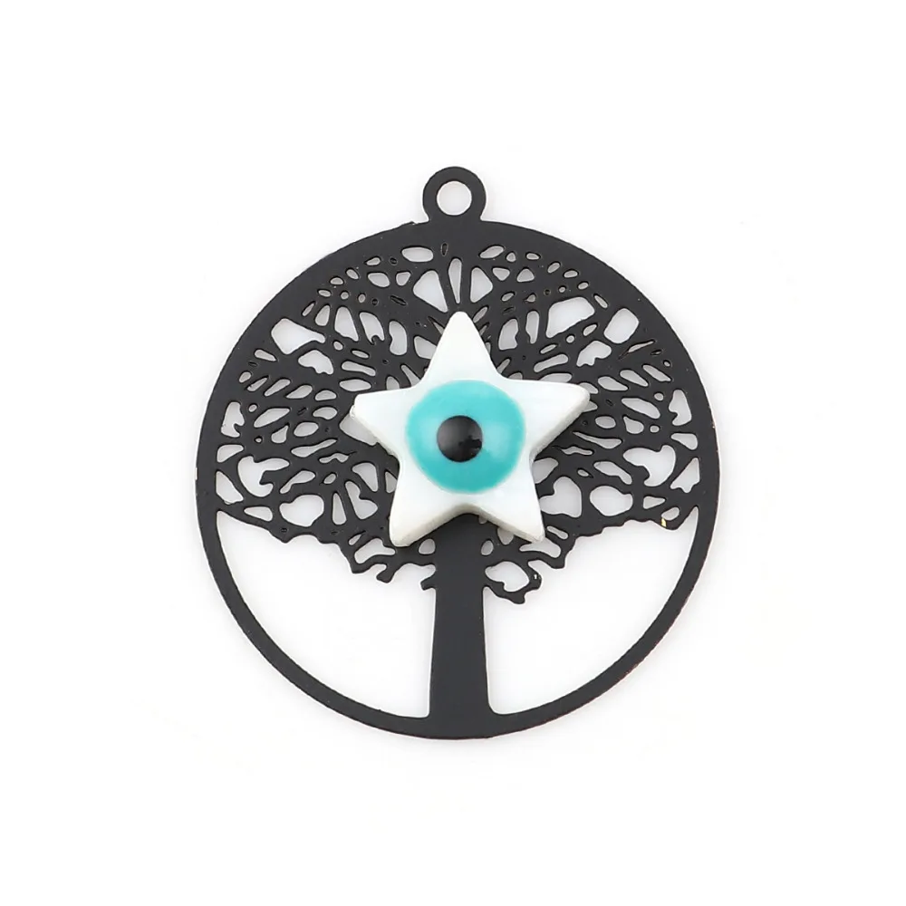 DoreenBeads Fashion Acrylic & Copper Pendant Tree Black Setting Evil Eye Jewelry DIY Charms 24mm(1") x 22mm( 7/8") 5 PCs |