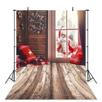 

Christmas Photography Background Santa Claus Outside The Window Wooden Backdrop Pillow Decoration Props Banner For Photo Studio