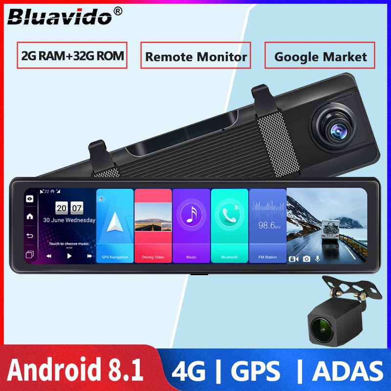 Bluavido 12 Inch 4g Android Dual Camera Car Mirror Video Recorder Gps