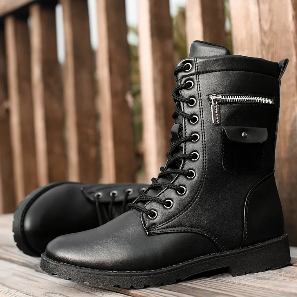 SAGACE Men's boots fashion pointed personality cool handsome military boots waterproof high boots lace tooling boots