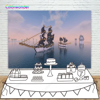 

Pixel Sail Boat Corsair Sea Photography Backdrops For Boys Happy Birthday Party Supplies Banner Children Kids Photo Backgrounds