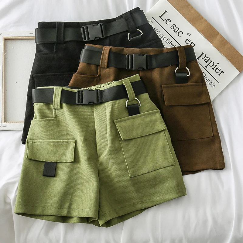 

Safari Style Shorts Women Casual Loose Army Green High Waist With Sashes Pockets Solid Shorts Female Casual Short Bottoms