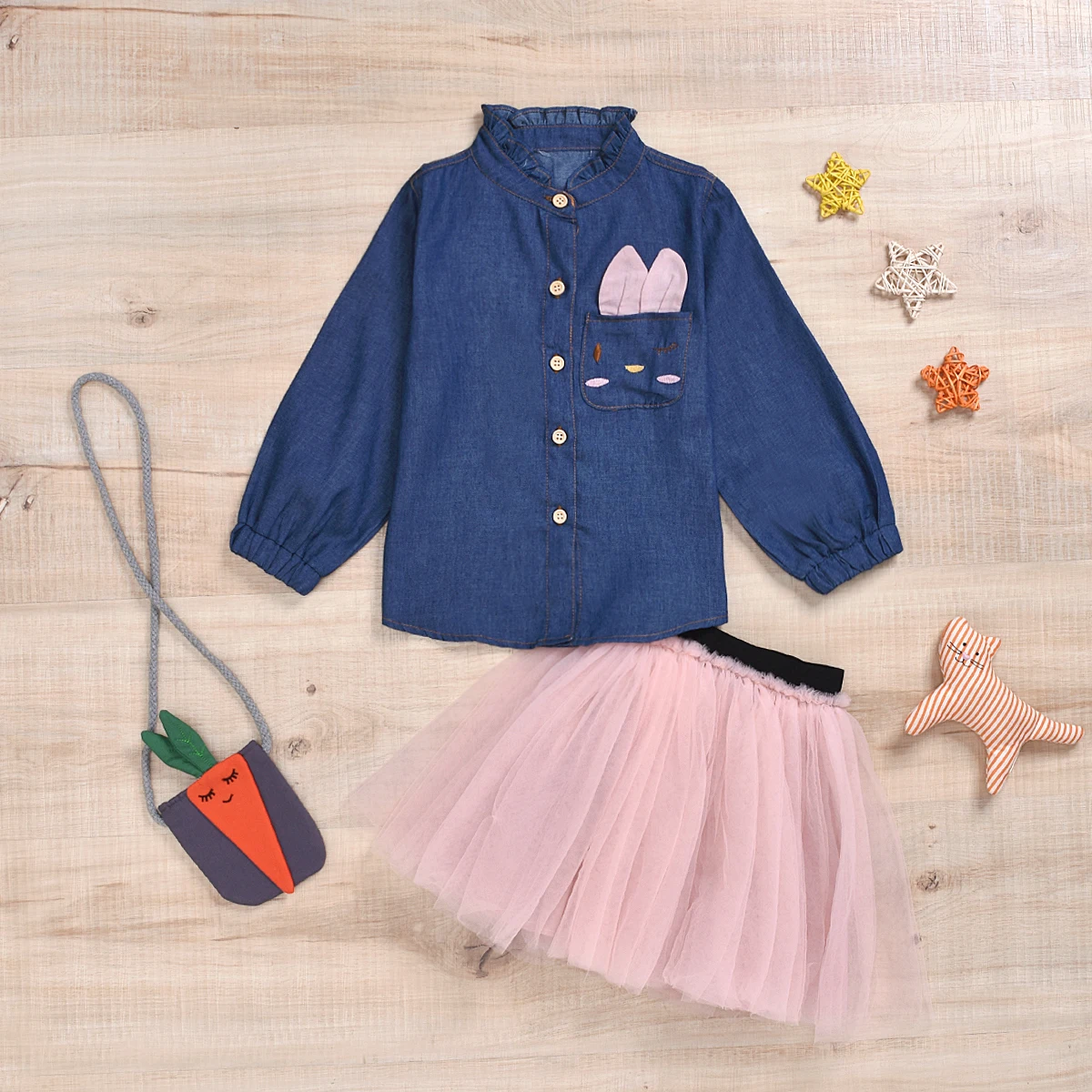 Little Girls Clothing Sets Denim shirt Tutu Skirt 2pcs Pink Princes Children Clothing For Girls Sets Rabbit Carrot Bag