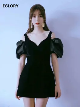 

Velvet Dress 2020 Spring Sexy Party Women Sexy Off Shoulder Hand Made Beading Deco Slim Fitted A-Line Black Dress Above Knee