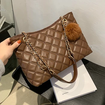 

Quilted Embroidery Thread Large Capacity Shoulder Bag Women Bag 2020 Fashion Chain Shoulder Bag Tote Bag Sac Bols with hairball