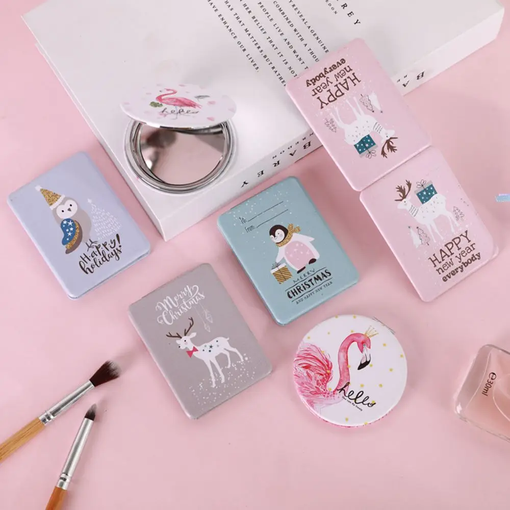 Мини двухстороннее зеркало круглое карманное портативное с оленем Фламинго