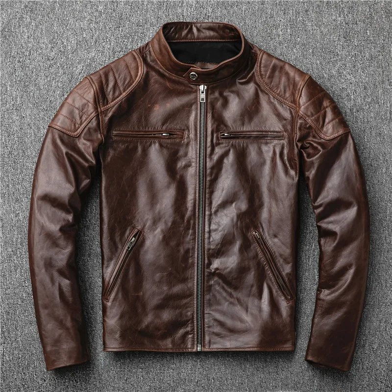 Free shipping.2020 New Brown genuine Leather jacket.Vintage goatskin ...