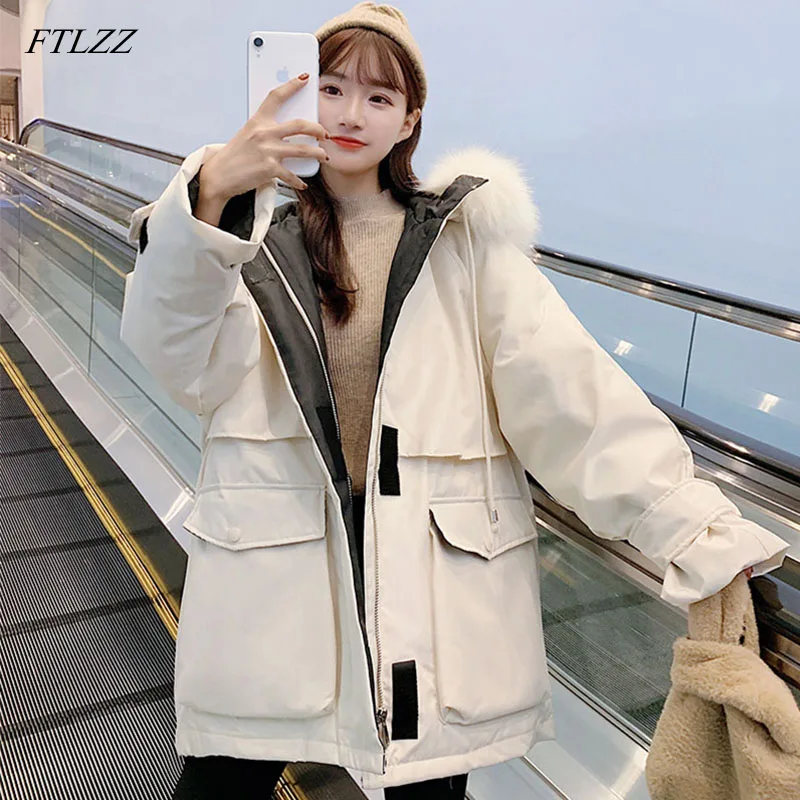 FTLZZ новые зимние женские длинные парки с большим меховым воротником толстое теплое пальто с хлопковой подкладкой повседневная женская верхняя одежда с капюшоном