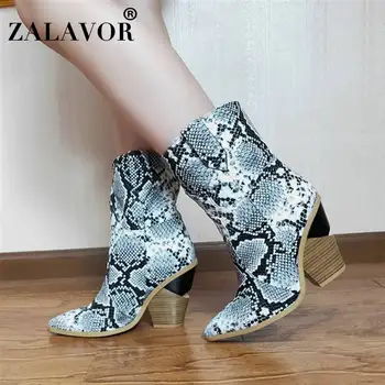

ZALAVOR Plus Size 33-46 High Heels Ankle Boots Women Shoes 2019 British Style Winter Fur Slip On Snake Western Cowboy Boots
