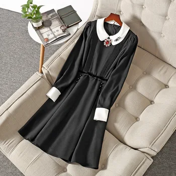 

2020 autumn long sleeve women black dress color block white peter pan collar beading floral a-line cute elegant dresses