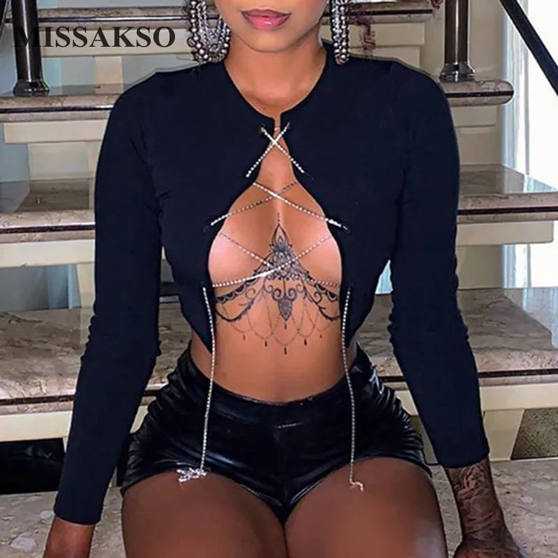 Фото Осенний Однотонный черный женский кроп топ Missakso женские футболки для ночного(China)