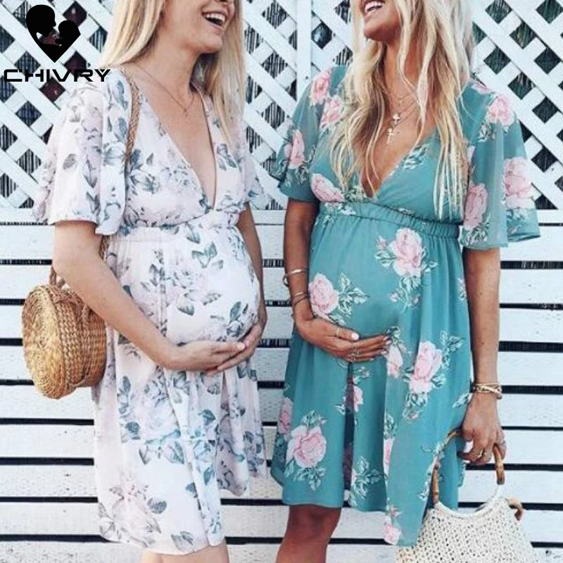 

Chivry Pregnant Women Pregnancy Dress Summer Fashion Short Sleeve Sexy V-neck Floral Print Mama Dress Maternity Clothing Dresses