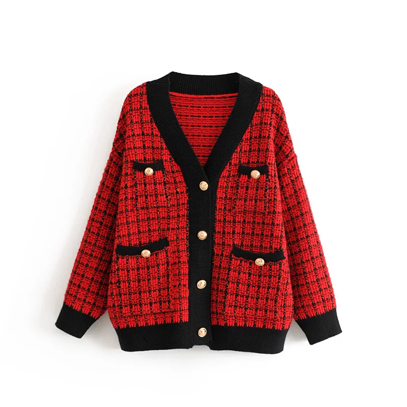 

2019 Shortened Knitted Jacket Women's Winter Autumn Cardigan With Buttons And Plaid Female Knitted Tops Casual Fashion